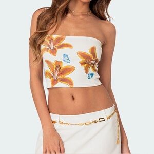 Edikted Floral Tube Top - White and Orange